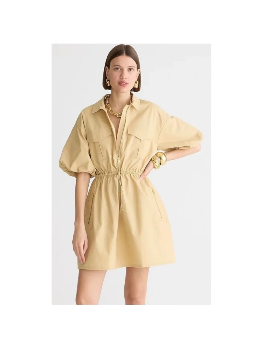 J. Crew Puff Sleeve Poplin Dress Mini XXL Golden Desert Tan